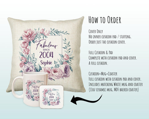 21st Birthday Gift for Women - Personalised 2004 Birthday Cushion Age 21 Gift for Her Lady Floral Design Daughter Sister Twenty One BNR21C