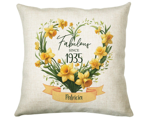 90th Birthday Gift for Women - Personalised 1935 Birthday Cushion Age 90 Gift for Her Floral Daffodil Age Design Mum Nan Gran Ninety BNS90C