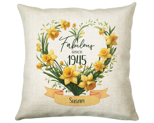 80th Birthday Gift for Women - Personalised 1945 Birthday Cushion Age 80 Gift for Her Floral Daffodil Age Design Mum Nan Gran Eighty BNS80C