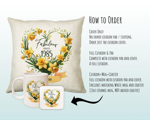 40th Birthday Gift for Women - Personalised 1985 Birthday Cushion Age 40 Gift for Her Floral Daffodil Design Mum Daughter Forty BNS40C