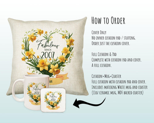 18th Birthday Gift for Women - Personalised 2007 Birthday Cushion Age 18 Gift for Her Floral Daffodil Design Daughter Sister Eighteen BNR18C