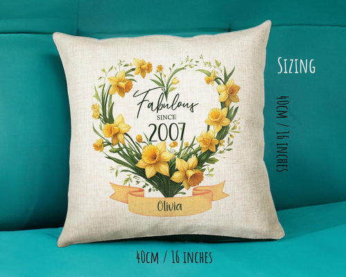 18th Birthday Gift for Women - Personalised 2007 Birthday Cushion Age 18 Gift for Her Floral Daffodil Design Daughter Sister Eighteen BNR18C