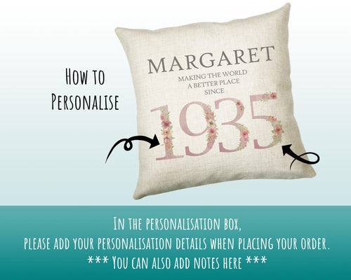 90th Birthday Gift for Women - Personalised 1935 Birthday Cushion Age 90 Gift for Her - Ladies Floral Age Design Mum Nan Gran Ninety BNM90C