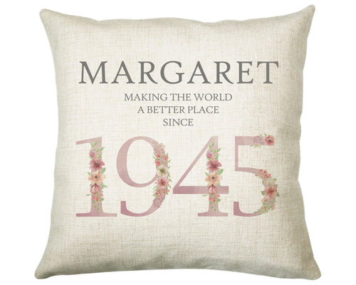 80th Birthday Gift for Women - Personalised 1945 Birthday Cushion Age 80 Gift for Her - Ladies Floral Age Design Mum Nan Gran Eighty BNM80C