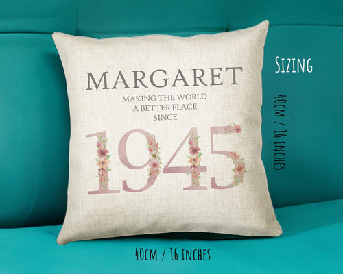 80th Birthday Gift for Women - Personalised 1945 Birthday Cushion Age 80 Gift for Her - Ladies Floral Age Design Mum Nan Gran Eighty BNM80C