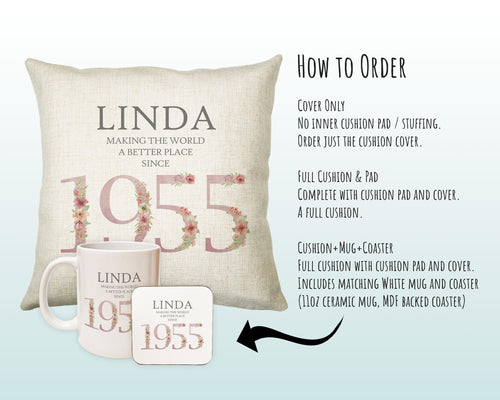 70th Birthday Gift for Women - Personalised 1955 Birthday Cushion Age 70 Gift for Her - Ladies Floral Design Mum Nan Gran Seventy BNM70C