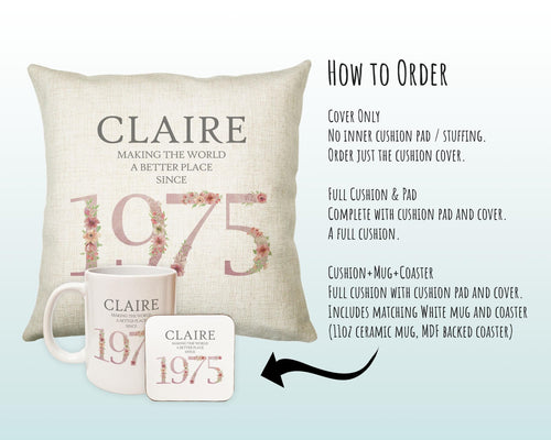 50th Birthday Gift for Women - Personalised 1975 Birthday Cushion Age 50 Gift for Her - Ladies Floral Design Mum Nan Sister Fifty BNM50C