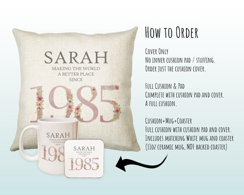 40th Birthday Gift for Women - Personalised 1985 Birthday Cushion Age 40 Gift for Her Ladies Floral Design Mum Daughter Sister Forty BNM40C