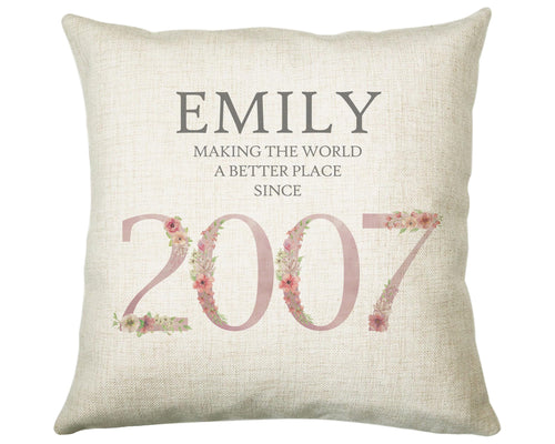 18th Birthday Gift for Women - Personalised 2007 Birthday Cushion Age 18 Gift for Her Ladies Floral Design Daughter Sister Eighteen BNM18C