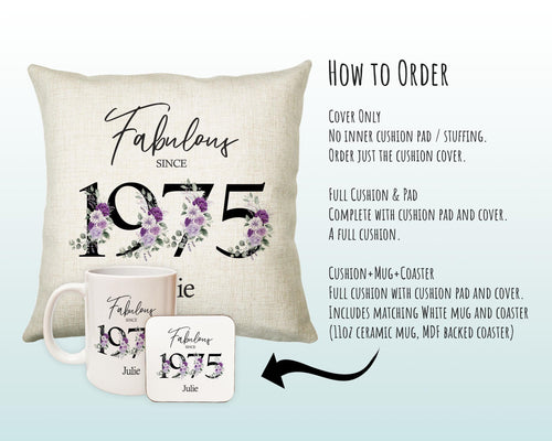 50th Birthday Gift for Women - Personalised 1975 Birthday Cushion Age 50 Gift for Her - Ladies Floral Design Mum Nan Sister Fifty BNP50C