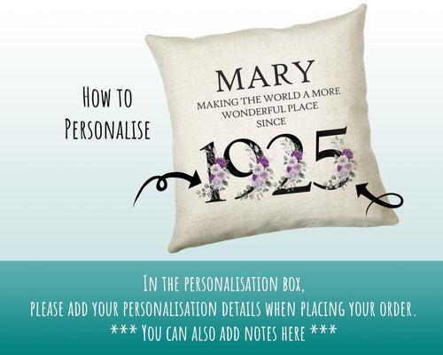 100th Birthday Gift for Women - Personalised 1925 Birthday Cushion Age 100 Gift for Her - Ladies Floral Design Mum Nan Gran Hundred BNQ100C