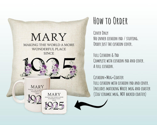 100th Birthday Gift for Women - Personalised 1925 Birthday Cushion Age 100 Gift for Her - Ladies Floral Design Mum Nan Gran Hundred BNQ100C