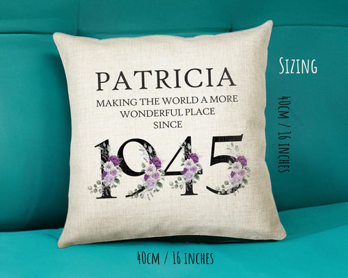 80th Birthday Gift for Women - Personalised 1945 Birthday Cushion Age 80 Gift for Her - Ladies Floral Age Design Mum Nan Gran Eighty BNQ80C