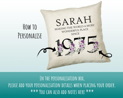 50th Birthday Gift for Women - Personalised 1975 Birthday Cushion Age 50 Gift for Her - Ladies Floral Design Mum Nan Sister Fifty BNQ50C