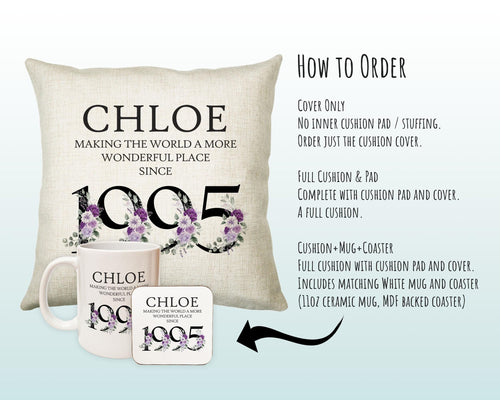 30th Birthday Gift for Her Personalised 1995 Birthday Cushion Age 30 Gift for Women - Ladies Floral Design Mum Daughter Sister Thirty BNQ30C