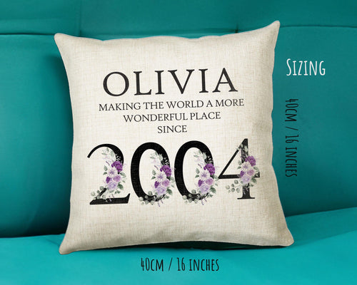 21st Birthday Gift for Women - Personalised 2004 Birthday Cushion Age 21 Gift for Her Lady Floral Design Daughter Sister Twenty One BNQ21C