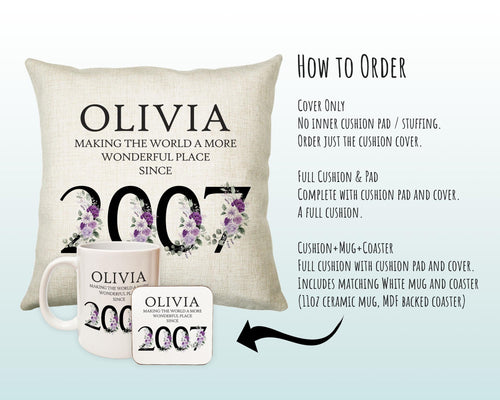 18th Birthday Gift for Women - Personalised 2007 Birthday Cushion Age 18 Gift for Her Ladies Floral Design Daughter Sister Eighteen BNQ18C