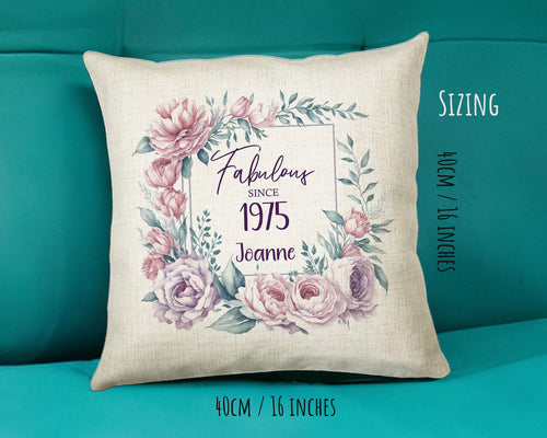 50th Birthday Gift for Women - Personalised 1975 Birthday Cushion Age 50 Gift for Her - Ladies Floral Design Mum Nan Sister Fifty BNR50C