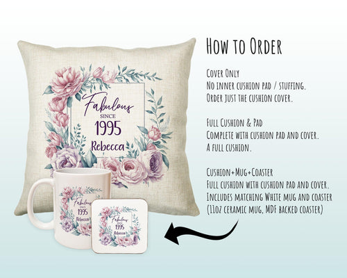 30th Birthday Gift for Her Personalised 1995 Birthday Cushion Age 30 Gift for Women - Ladies Floral Design Mum Daughter Sister Thirty BNR30C