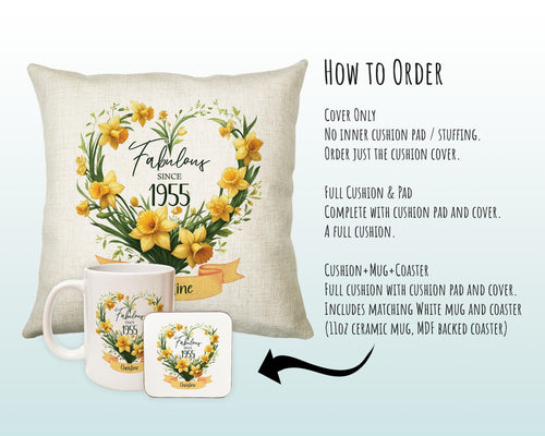 70th Birthday Gift for Women - Personalised 1955 Birthday Cushion Age 70 Gift for Her Floral Daffodil Design Mum Nan Gran Seventy BNS70C