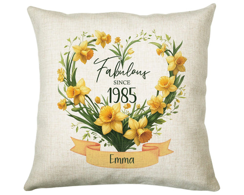 40th Birthday Gift for Women - Personalised 1985 Birthday Cushion Age 40 Gift for Her Floral Daffodil Design Mum Daughter Forty BNS40C