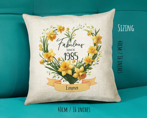 40th Birthday Gift for Women - Personalised 1985 Birthday Cushion Age 40 Gift for Her Floral Daffodil Design Mum Daughter Forty BNS40C