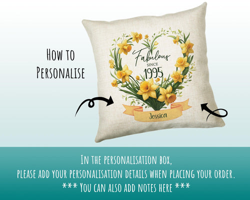 30th Birthday Gift for Her Personalised 1995 Birthday Cushion Age 30 Gift for Women Floral Daffodil Design Mum Daughter Sister Thirty BNS30C