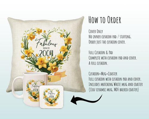 21st Birthday Gift for Women Personalised 2004 Birthday Cushion Age 21 Gift for Her Floral Daffodil Design Daughter Sister Twenty One BNS21C