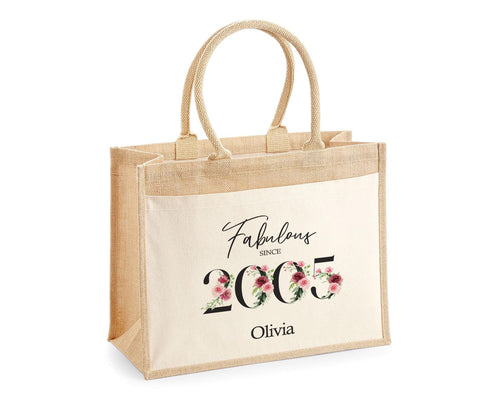 21st Birthday Gift For Women Personalised Jute Bag - Gift For Her Floral Tote Bag - Twenty One 21 Fabulous Since 2005 Shopping Bag BNC21T
