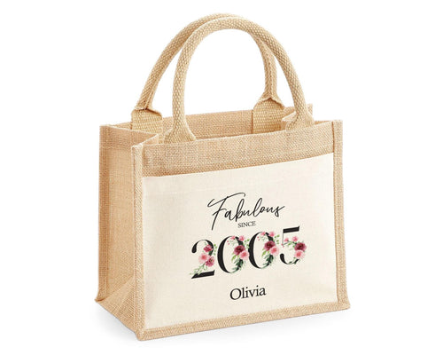 21st Birthday Gift For Women Personalised Jute Bag - Gift For Her Floral Tote Bag - Twenty One 21 Fabulous Since 2005 Shopping Bag BNC21T