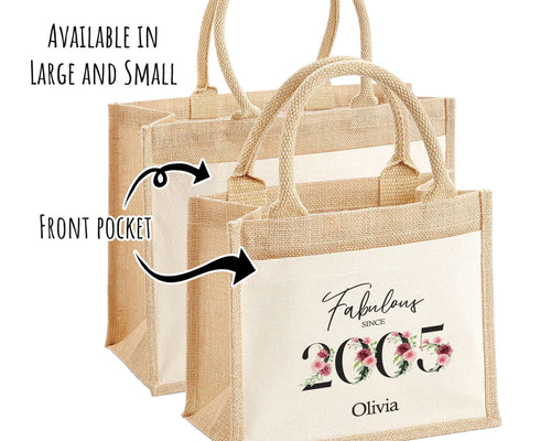 21st Birthday Gift For Women Personalised Jute Bag - Gift For Her Floral Tote Bag - Twenty One 21 Fabulous Since 2005 Shopping Bag BNC21T