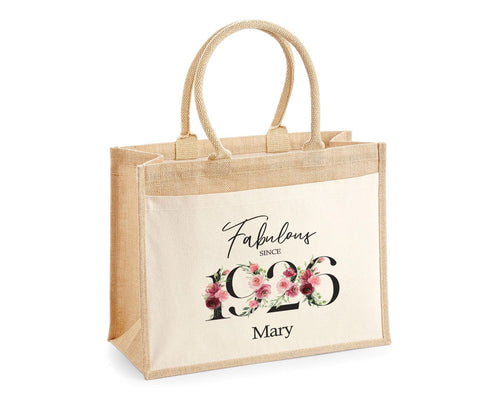 100th Birthday Gift For Women Personalised Jute Bag - Gift For Her Floral Tote Bag Gifts - Hundred Fabulous Since 1926 Shopping Bag BNC100T