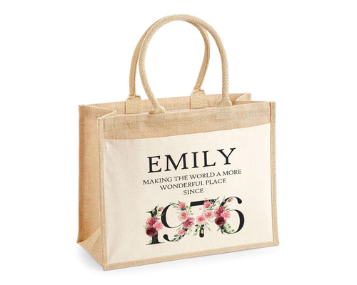 50th Birthday Gift For Women Personalised Jute Bag - Gift For Her Floral Tote Bag Gifts - Fifty 50 Wonderful Since 1976 Shopping Bag BND50T