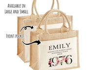 50th Birthday Gift For Women Personalised Jute Bag - Gift For Her Floral Tote Bag Gifts - Fifty 50 Wonderful Since 1976 Shopping Bag BND50T
