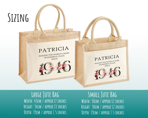 80th Birthday Gift For Women Personalised Jute Bag - Gift For Her Floral Tote Bag Gifts - Eighty 80 Wonderful Since 1946 Shopping Bag BND80T