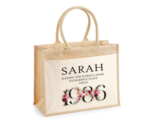 40th Birthday Gift For Women Personalised Jute Bag - Gift For Her Floral Tote Bag Gifts - Forty 40 Wonderful Since 1986 Shopping Bag BND40T