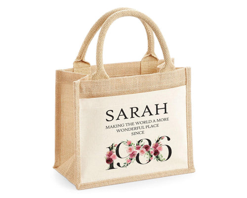 40th Birthday Gift For Women Personalised Jute Bag - Gift For Her Floral Tote Bag Gifts - Forty 40 Wonderful Since 1986 Shopping Bag BND40T