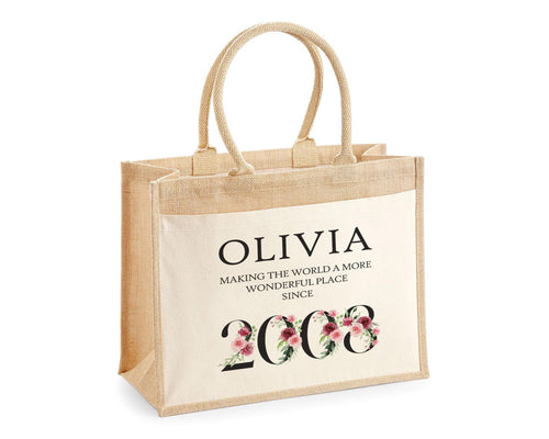 18th Birthday Gift For Women Personalised Jute Bag - Gift For Her Floral Tote Bag Gift Eighteen 18 Wonderful Since 2008 Shopping Bag BND18T