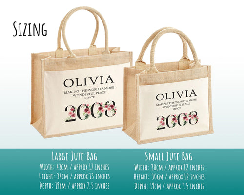 18th Birthday Gift For Women Personalised Jute Bag - Gift For Her Floral Tote Bag Gift Eighteen 18 Wonderful Since 2008 Shopping Bag BND18T
