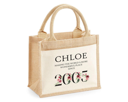 21st Birthday Gift For Women Personalised Jute Bag - Gift For Her Floral Tote Bag - Twenty One 21 Wonderful Since 2005 Shopping Bag BND21T