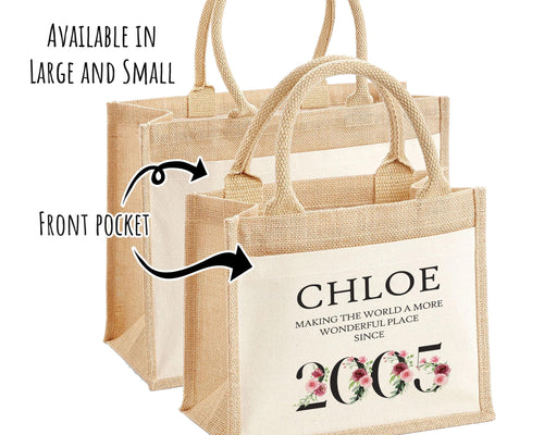 21st Birthday Gift For Women Personalised Jute Bag - Gift For Her Floral Tote Bag - Twenty One 21 Wonderful Since 2005 Shopping Bag BND21T