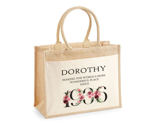 90th Birthday Gift For Women Personalised Jute Bag - Gift For Her Floral Tote Bag Gifts - Ninety 90 Wonderful Since 1936 Shopping Bag BND90T