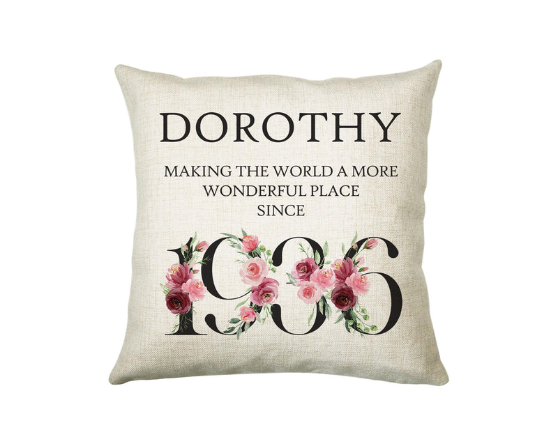 90th Birthday Gift for Women - Personalised 1936 Birthday Cushion Age 90 Gift for Her - Ladies Floral Age Design Mum Nan Gran Ninety BND90C