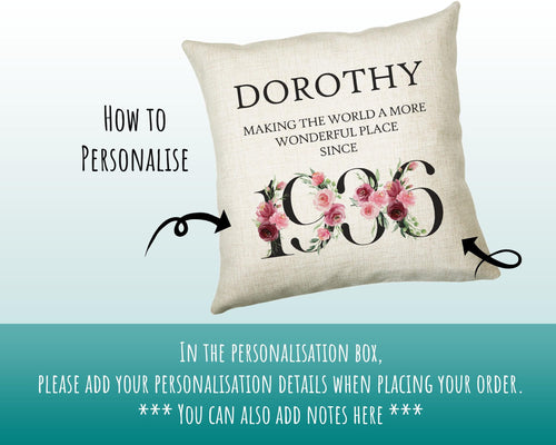 90th Birthday Gift for Women - Personalised 1936 Birthday Cushion Age 90 Gift for Her - Ladies Floral Age Design Mum Nan Gran Ninety BND90C