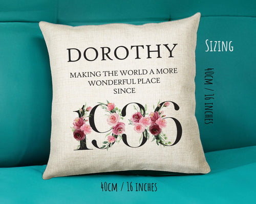 90th Birthday Gift for Women - Personalised 1936 Birthday Cushion Age 90 Gift for Her - Ladies Floral Age Design Mum Nan Gran Ninety BND90C