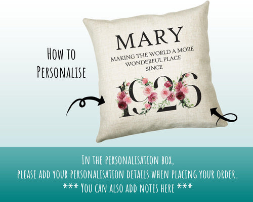 100th Birthday Gift for Women - Personalised 1926 Birthday Cushion Age 100 Gift for Her - Ladies Floral Design Mum Nan Gran Hundred BND100C