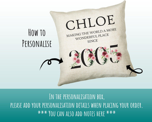 21st Birthday Gift for Women - Personalised 2005 Birthday Cushion Age 21 Gift for Her Lady Floral Design Daughter Sister Twenty One BND21C