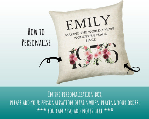 50th Birthday Gift for Women - Personalised 1976 Birthday Cushion Age 50 Gift for Her - Ladies Floral Design Mum Nan Sister Fifty BND50C