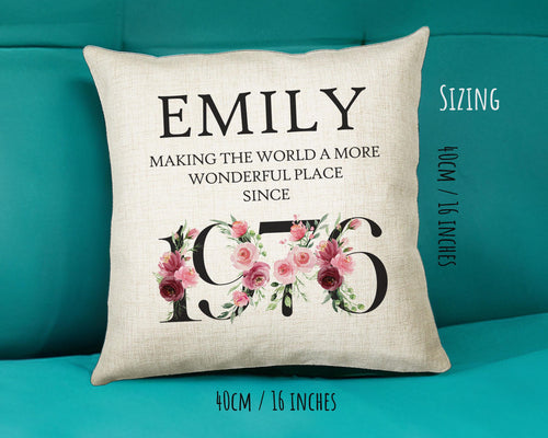 50th Birthday Gift for Women - Personalised 1976 Birthday Cushion Age 50 Gift for Her - Ladies Floral Design Mum Nan Sister Fifty BND50C