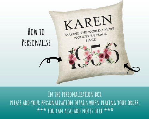 70th Birthday Gift for Women - Personalised 1956 Birthday Cushion Age 70 Gift for Her - Ladies Floral Design Mum Nan Gran Seventy BND70C